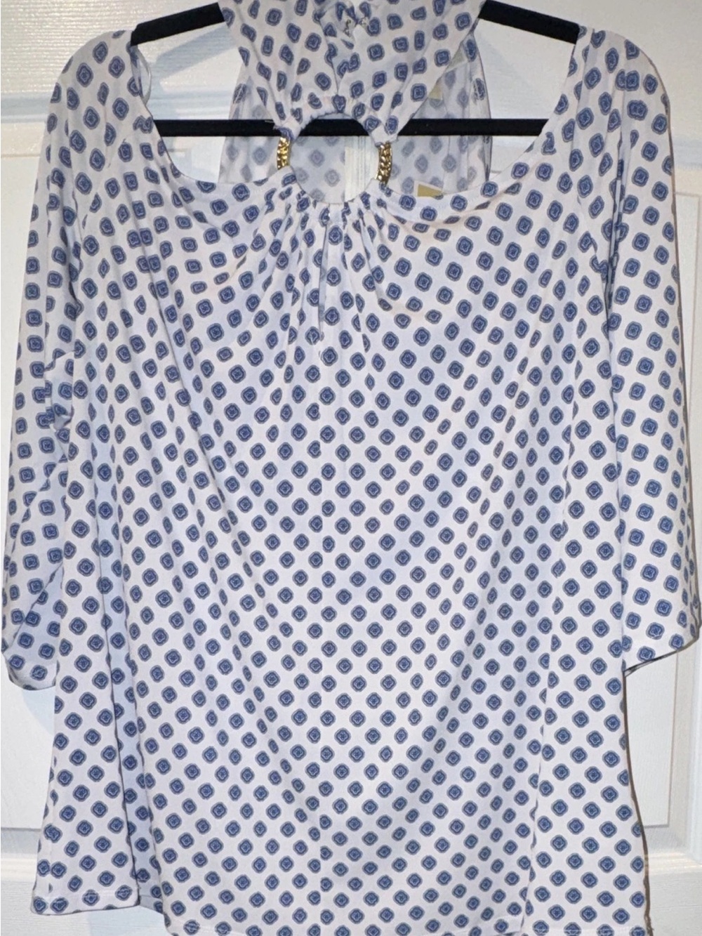Michael Kors White Tunic with Blue Geometric Print and Gold Accents